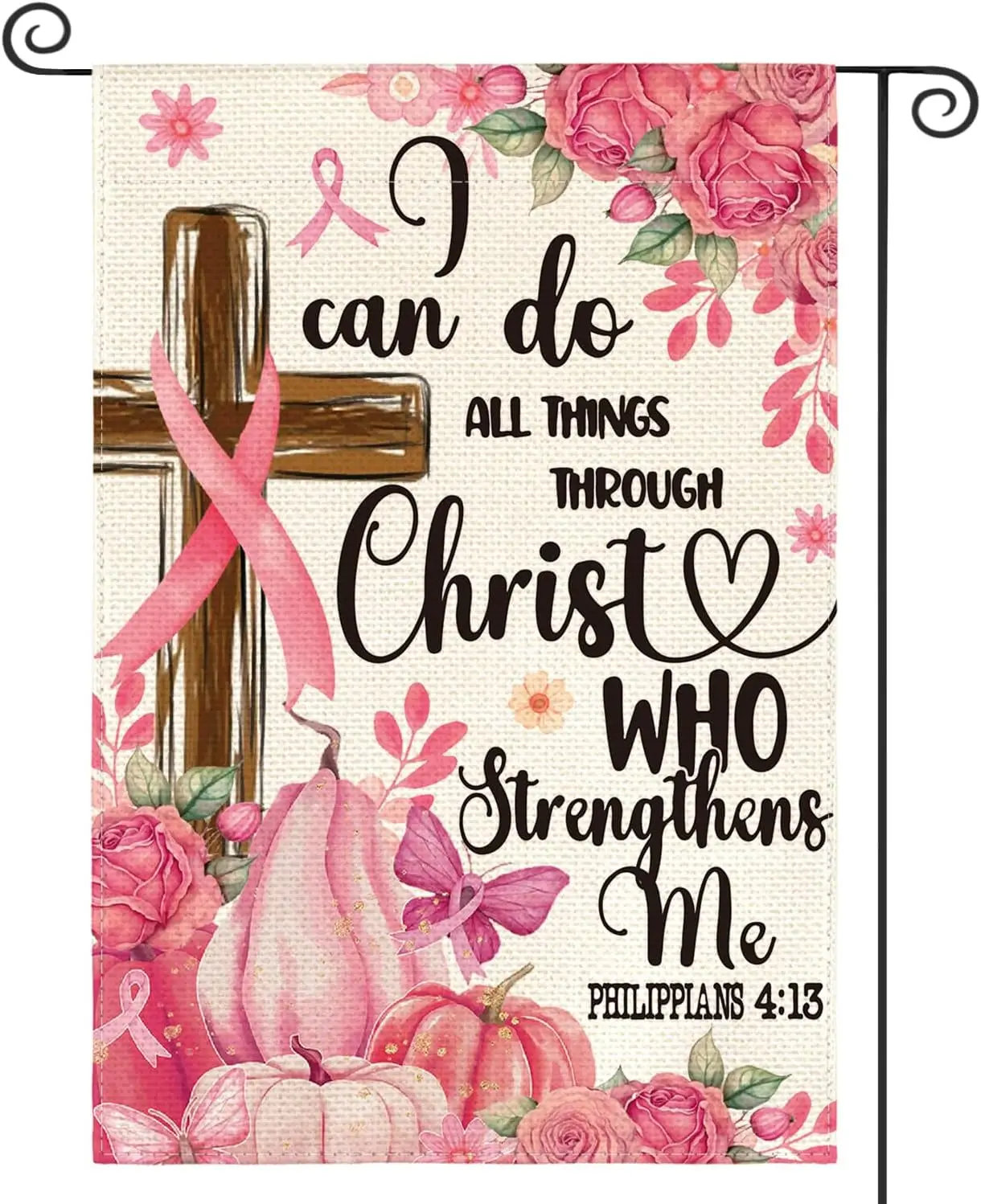 AVOIN colorlife Breast Cancer Awareness Garden Flag I Can Do All Things Through Christ Who Strengthens Me 12x18 Inch Double Side