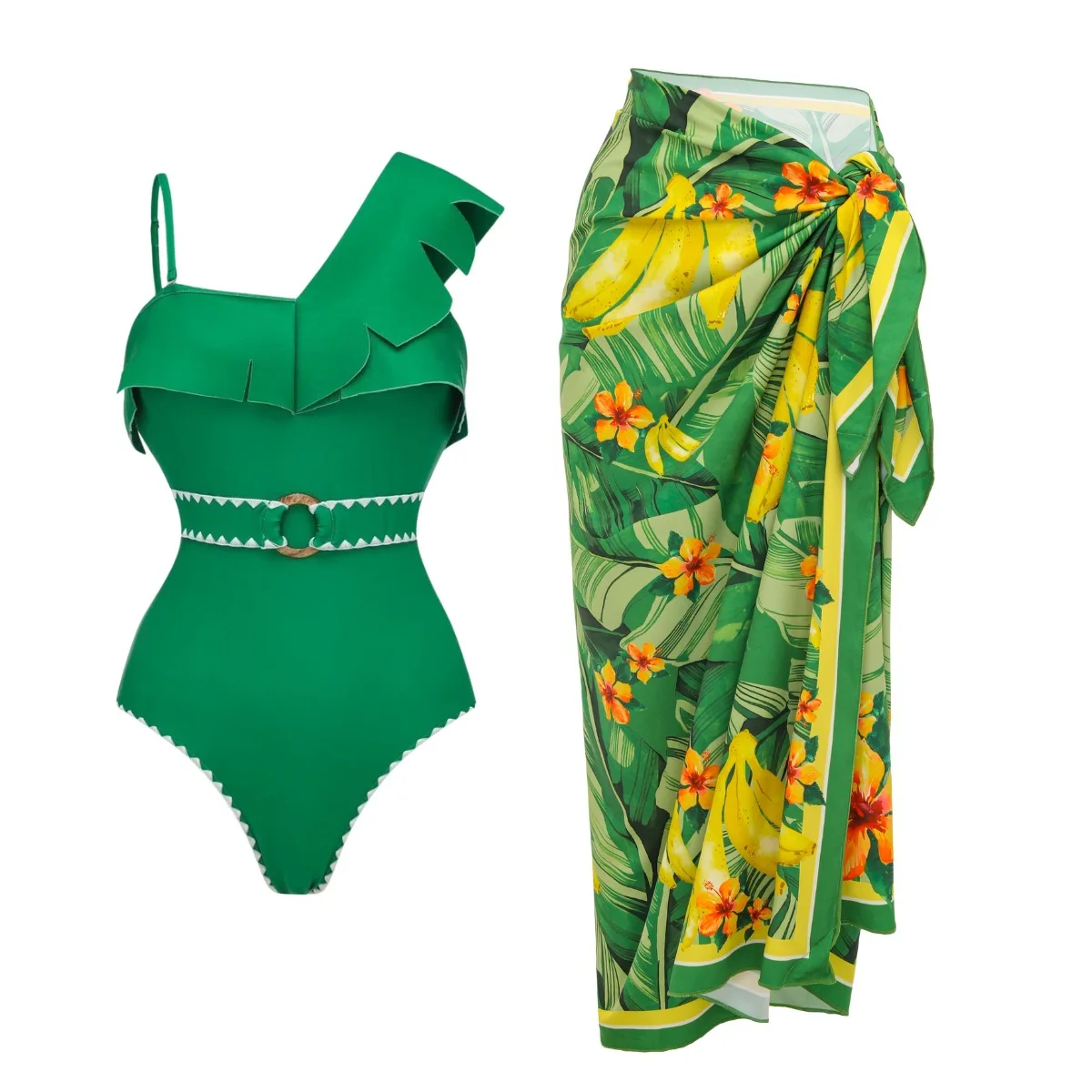 Women's Green One Shoulder Ruffle One Piece Swimsuit Fashion Vacation Beach Swimwear Set