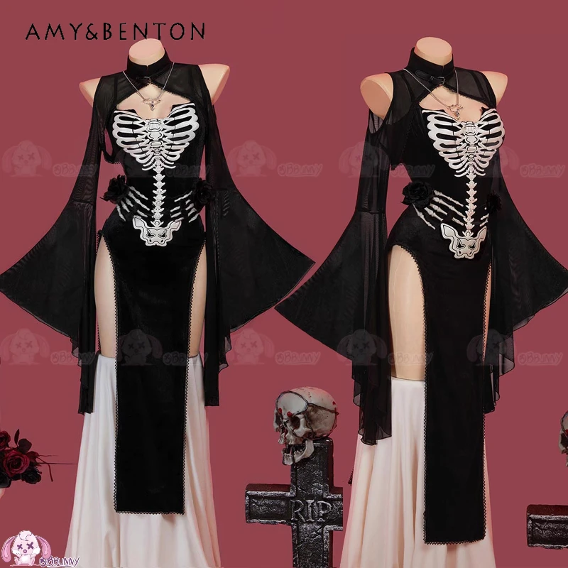 

Halloween Women's Clothing Punk Dark Gothic Design New Black Sweet Cool Sexy Lace Hollow Out Flared Sleeve Long Dresses Ladies