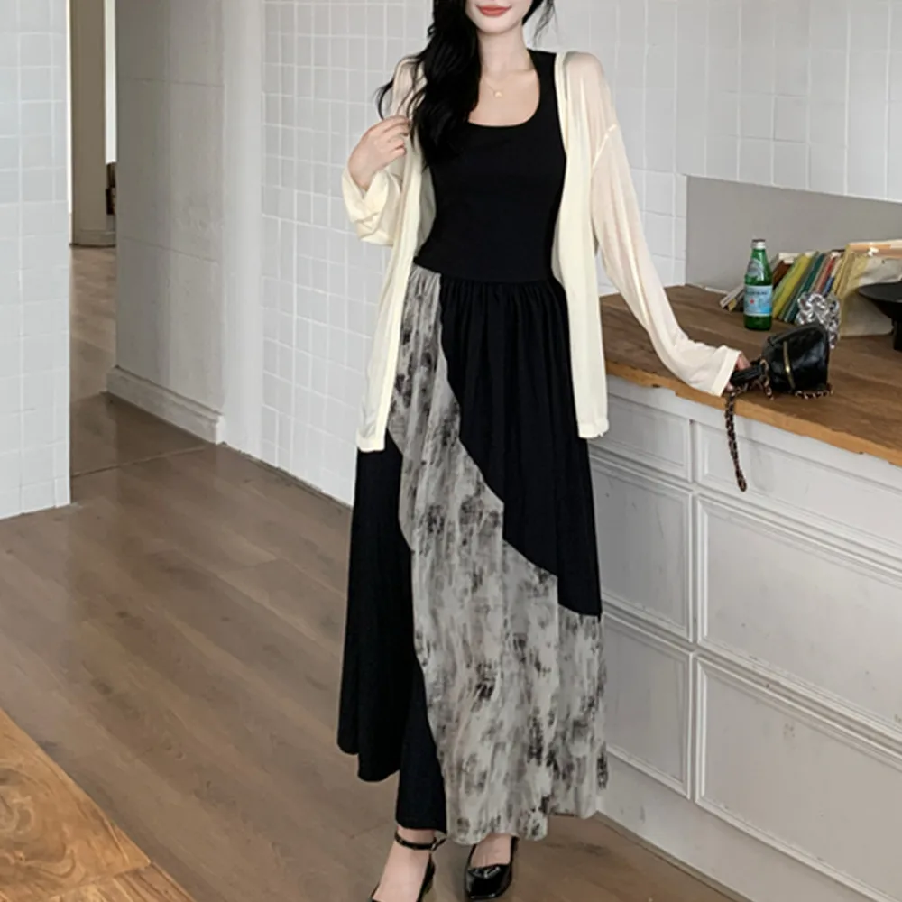 Zomer Dunne Zonwering Vest Dr Tweedelige Set Hoge Taille Print Splitsen Taille-Knijpen ket Lange Rok Koreaanse Sle C...