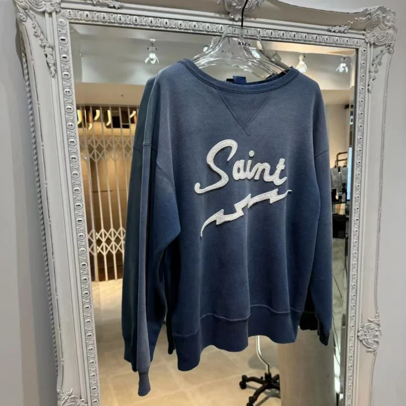 SAINT Washed Blue Lightning Embroidered Casual Distressed Round-Neck Men's Women's Winter Sweatshirt
