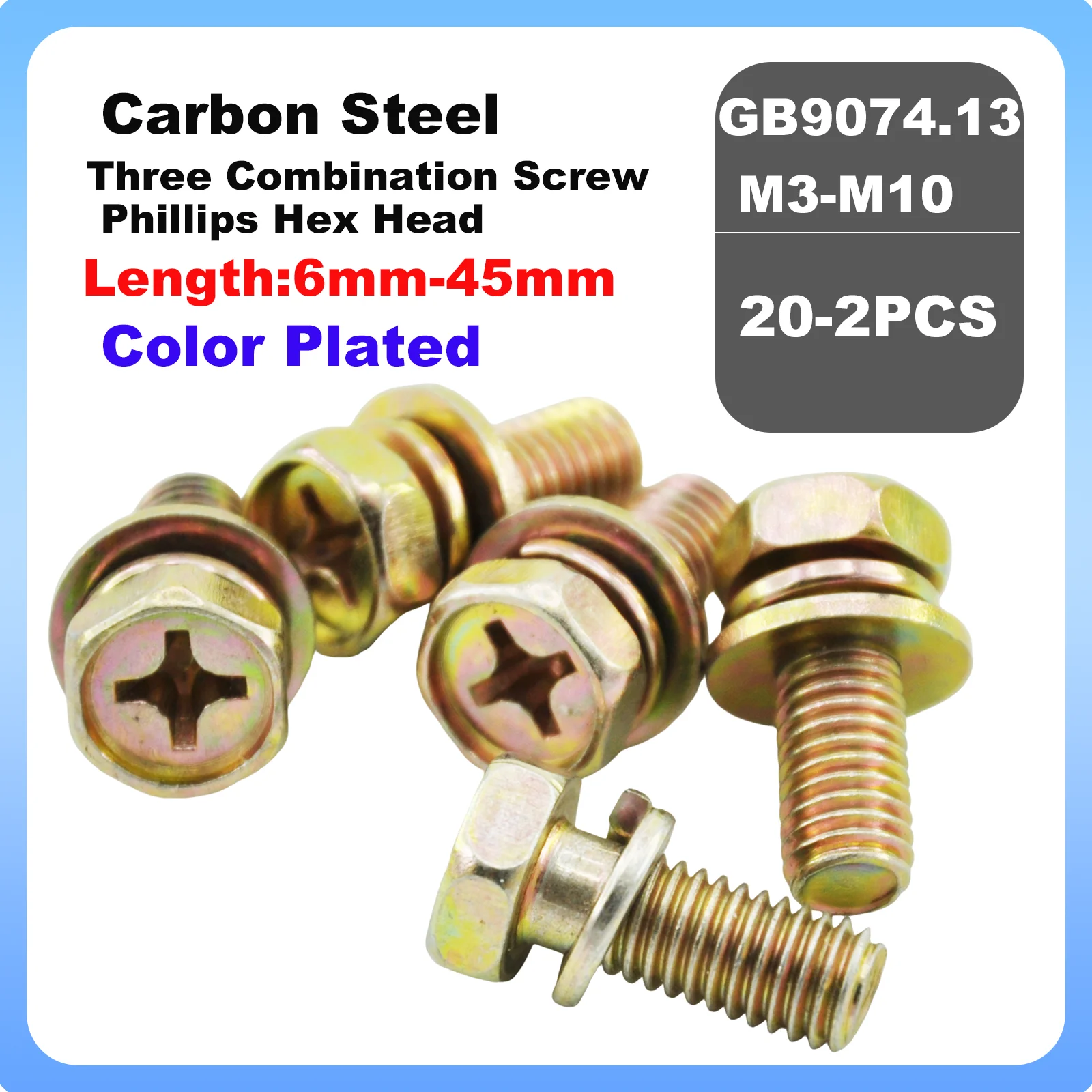 M3 M4 M5 M6 M8 GB9074.13 Yellow Zinc Plated Hex Cross Bolt Phillips Flat Gasket Spring Washers Set Hexagon Screws Carbon Steel