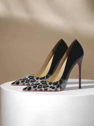 2025 New Fashion Gradient Leopard Pattern High Heels for Women, Thin Heels, Sexy Queen, Red Bottom, 12cm Temperament Single Shoe