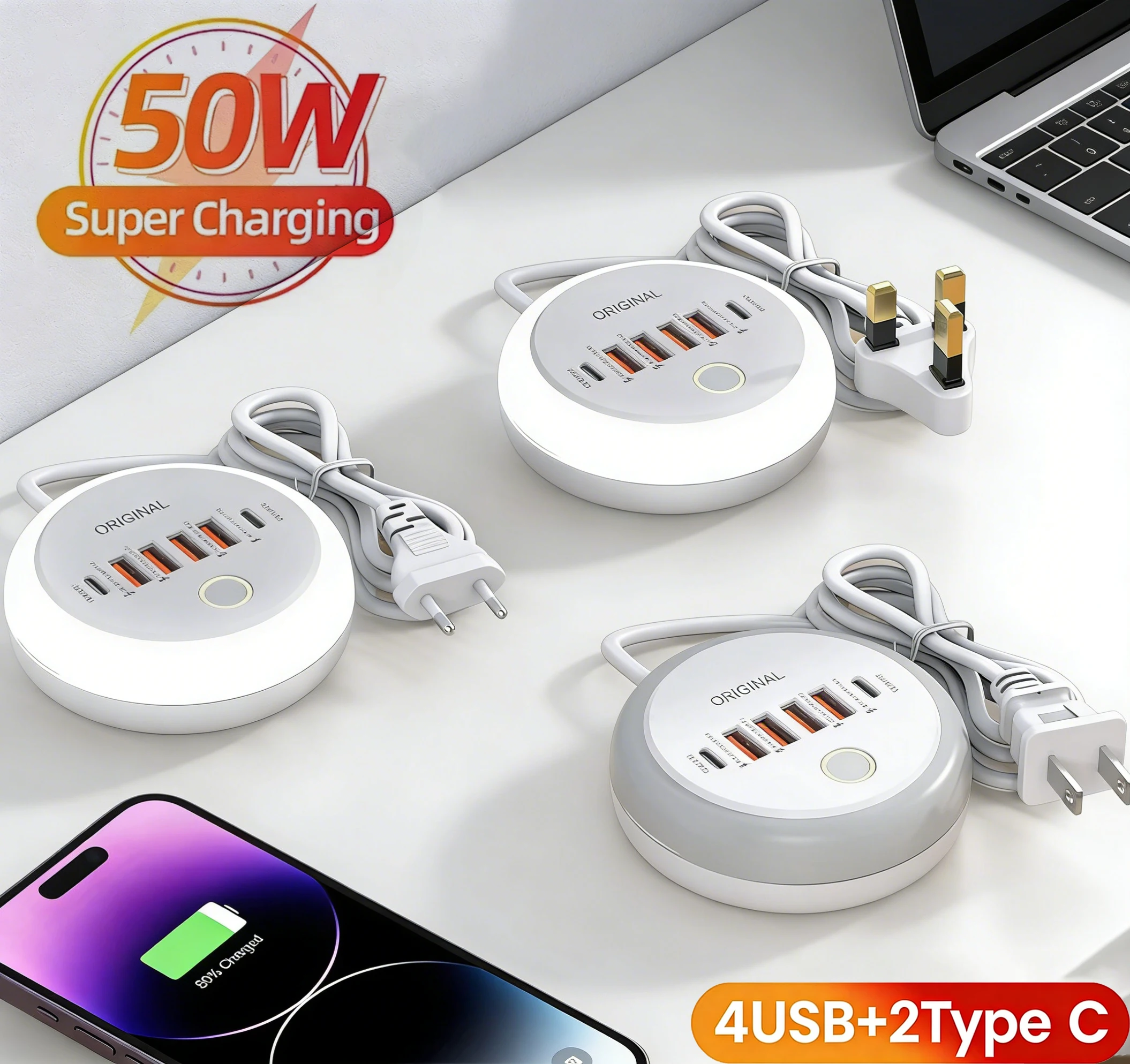 50W USB Mobile Phone Charger Multi Ports Power Strip Socket Type C Fast Charging Wall Charger Wall Adapter For iPhone 16 Xiaomi