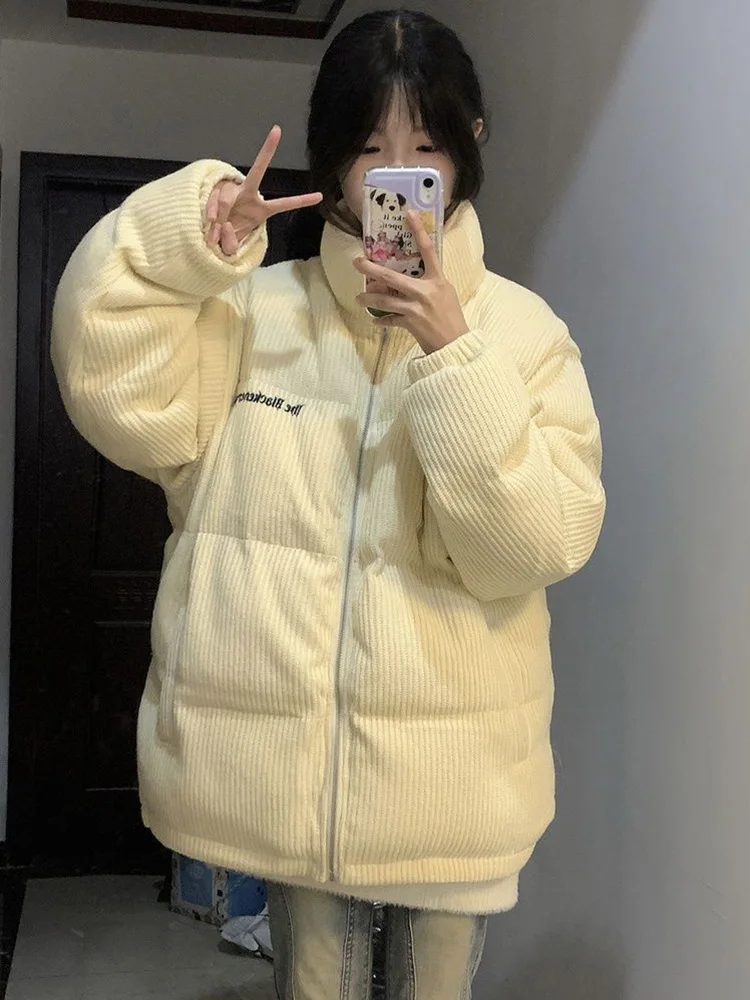 Винтажные вельветовые парки с надписью, женские пышные пальто с воротником-стойкой и длинными рукавами, свободная куртка в американском стиле ретро в консервативном стиле, новинка