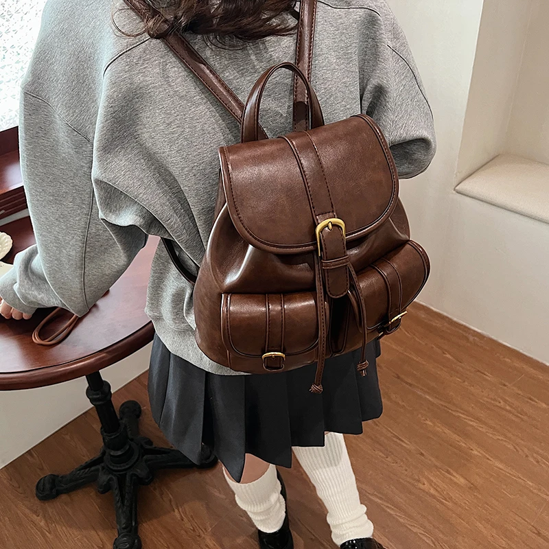 LEFTSIDE Women Retro Small Double Pockets PU Leather Backpacks 2024 Winter Y2K Korean Fashion Backpack School Student Back Packs