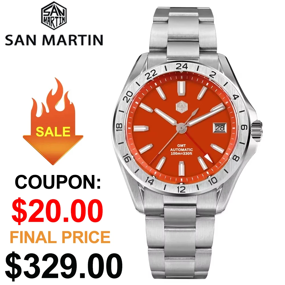 San Martin SN0129 39mm Men Watch NH34 GMT Automatic Mechanical Waterproof Watch Green Jade Stone Red Agate Rare Mineral Gemstone