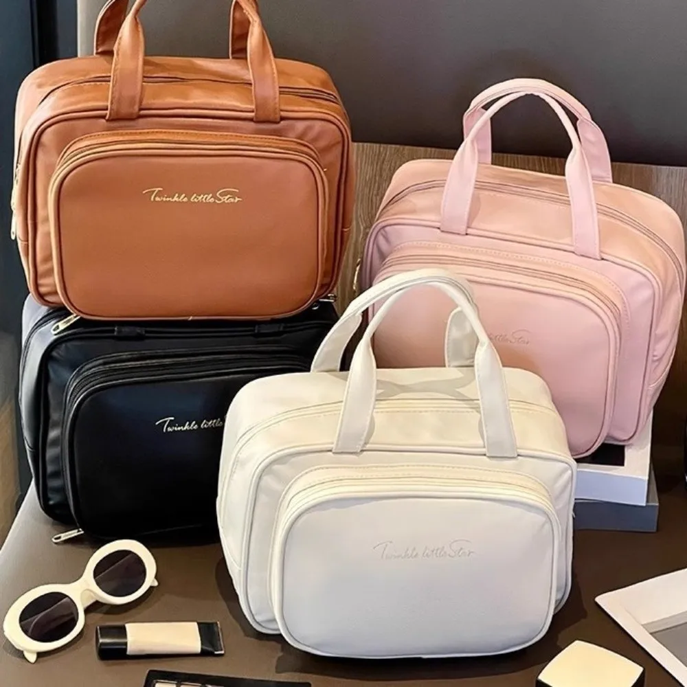 Simple Storage Makeup Bag Handle Large Capacity Cosmetic Container PU Leather Portable Travel Wash Pouch Data Cable Storage