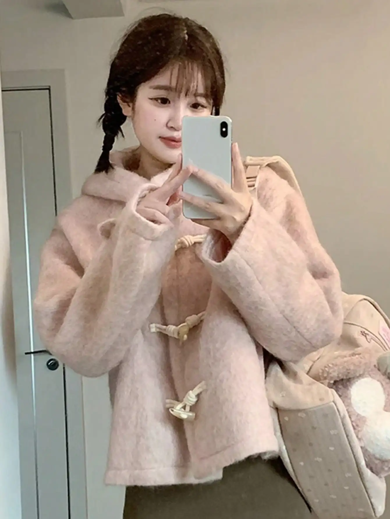 

Korean Style Fufu Horn Button Hooded Woolen Outwear for Women 2025 New Autumn and Winter High-End and Super Good-Looking Top