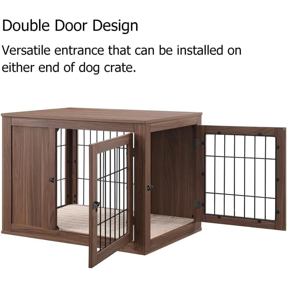 صندوق كلب سلكي خشبي متوسط مع وسادة وأبواب مزدوجة، بيت للحيوانات الأليفة على طراز الأثاث مقاس 36 بوصة