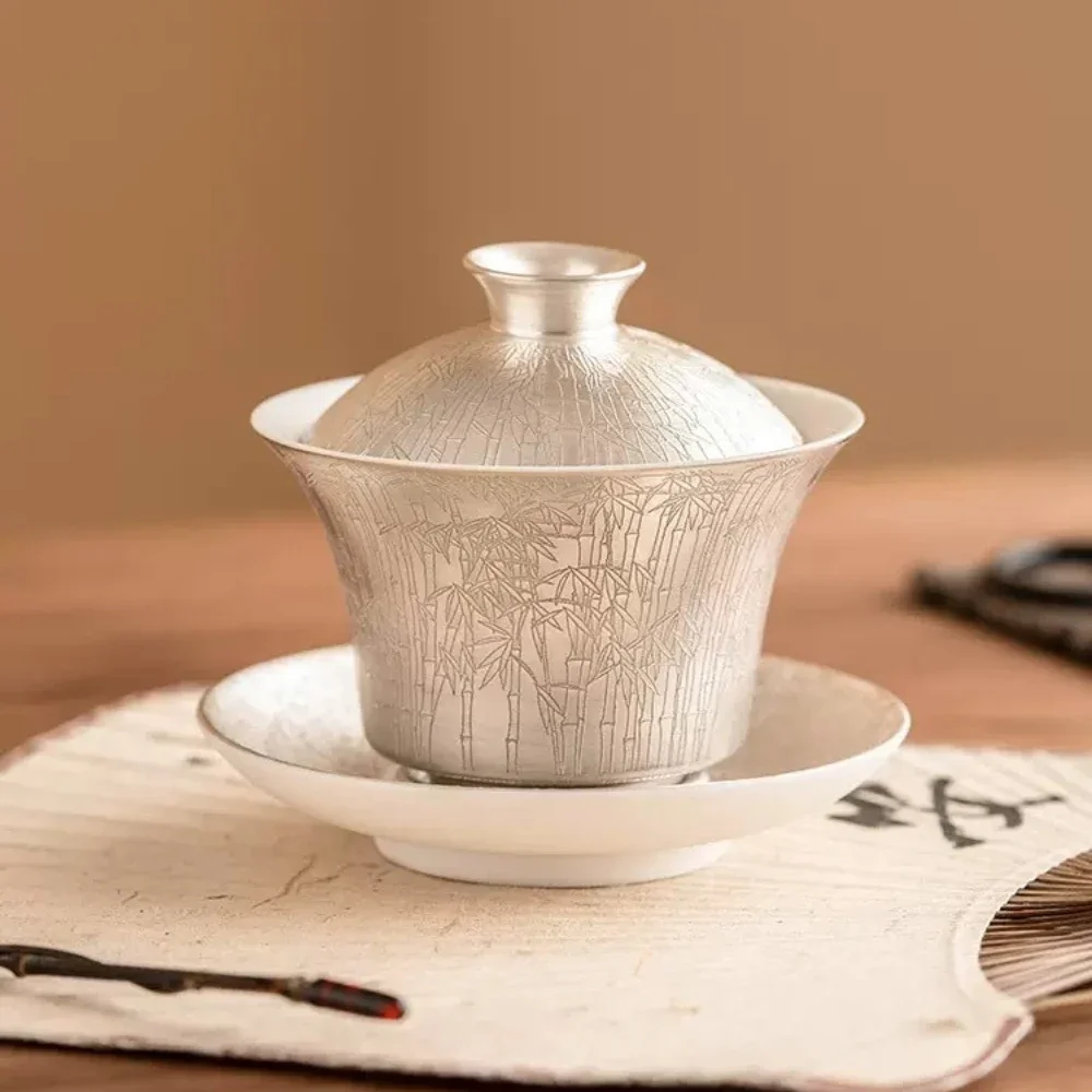 Hand-painted 999 Yinqing Festival Green Bamboo TeaSet Light Luxury High-end Household Tea Maker Kung Fu1 Bowl 2 Cups Collection