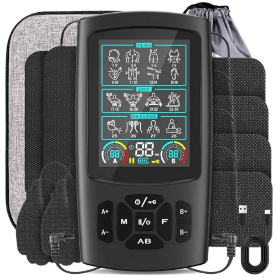 

3-in-1 TENS Unit Muscle Stimulator with Color Display - Dual Channel EMS Machine 28 Therapy Modes 40 Intensity Levels 8 Electro