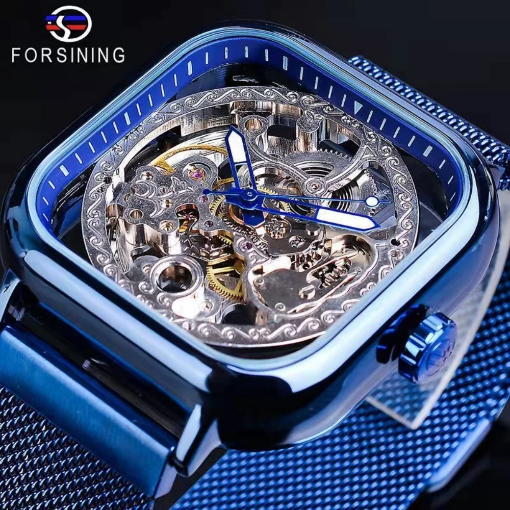 New Luxury Men's Square Skeleton Mechanical Watch, Fully Automatic Winding with Precision Carved Movement, Light Luxury Feel, Waterproof Luminous Steel Band, Versatile for Business and Casual Wear, High-End Commuter Watch for Men, Popular Gift Item