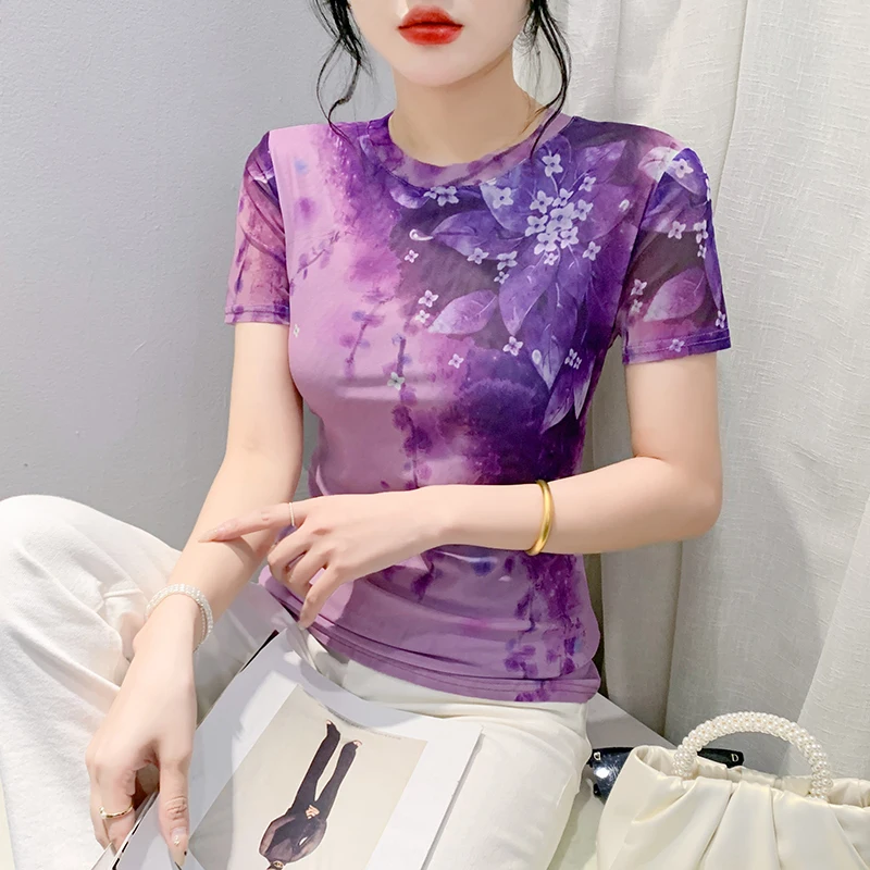 2024 O-neck Mesh High Street Female Three-Dimension T-shirt Spring Summer Printed Flower Slim Woman S-4XL Short Sleeve Charming