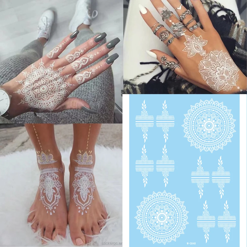 

White Henna Lace Temporary Tattoos For Women Henna Design Stickers for Hand Hena Tattoo Waterproof Wedding Decoration