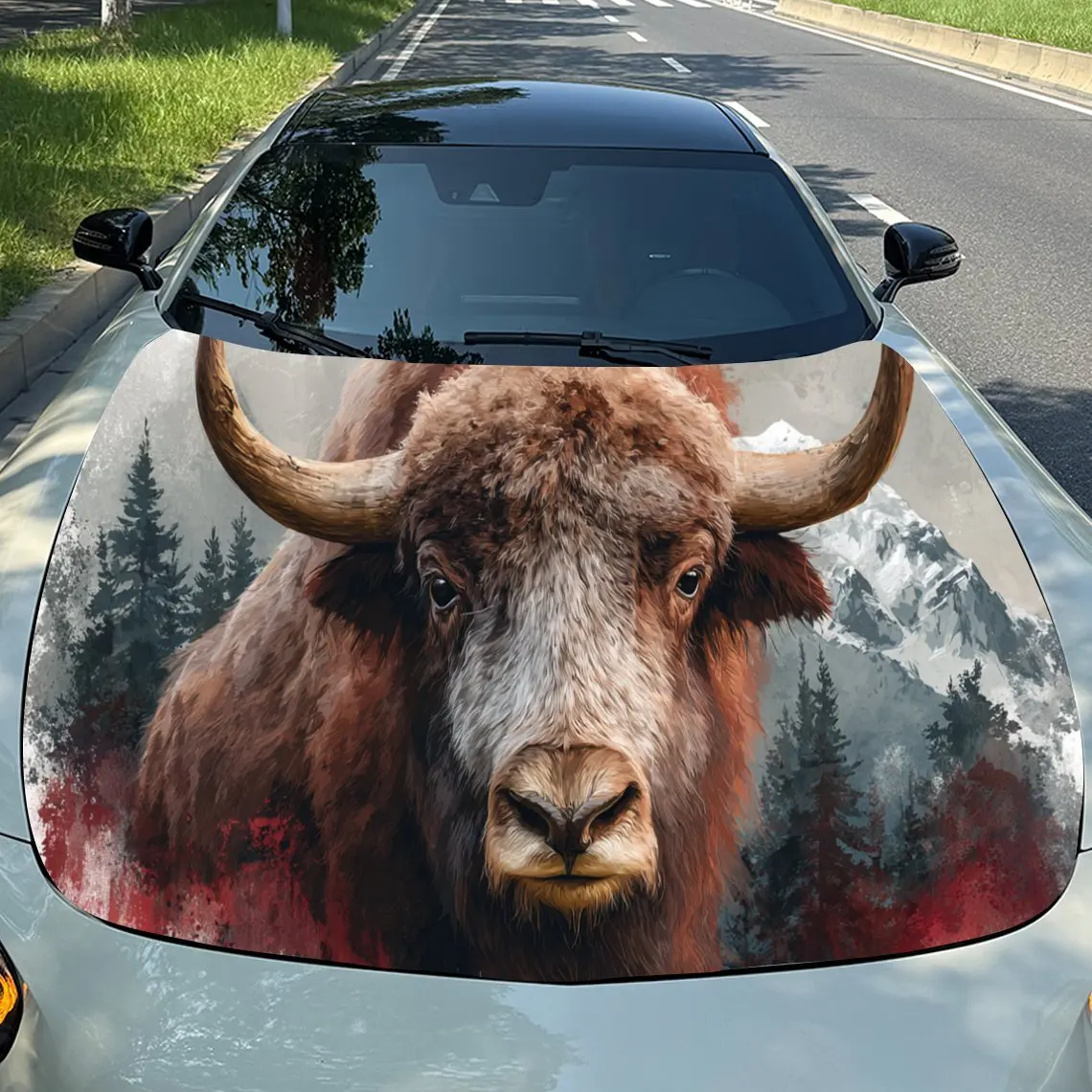 Mighty - Style Forest Bison Wrap en vinyle pour voiture, autocollant imperméable en PVC pour capot de voiture, autocollants auto-adhésifs résistants aux rayures pour moteur
