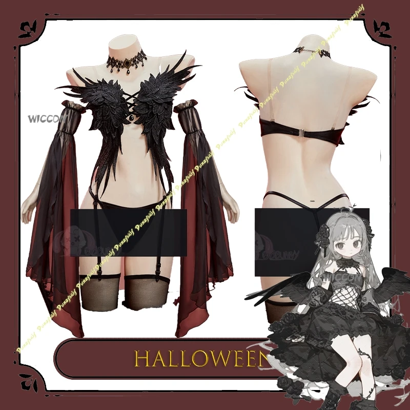 

BDark Fallen Angel, готический темный костюм для косплея, костюм аниме на Хэллоуин, полный комплект, топ, трусики в форме крыльев, комплект с рукавами, чулки