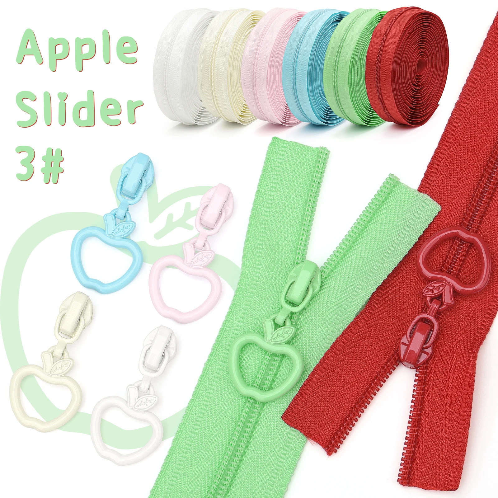 1 set = 5 yards (177.16 inches) of #3 nylon zipper + 10 apple slice zipper pulls