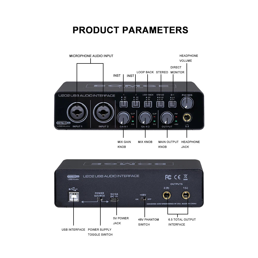 BOMGE U202 USB Audio Interface 32-Bit/192kHz Resolution with Mic Preamplifier XLR/TSR/TS Ports,48V,for Streaming ,Podcasting