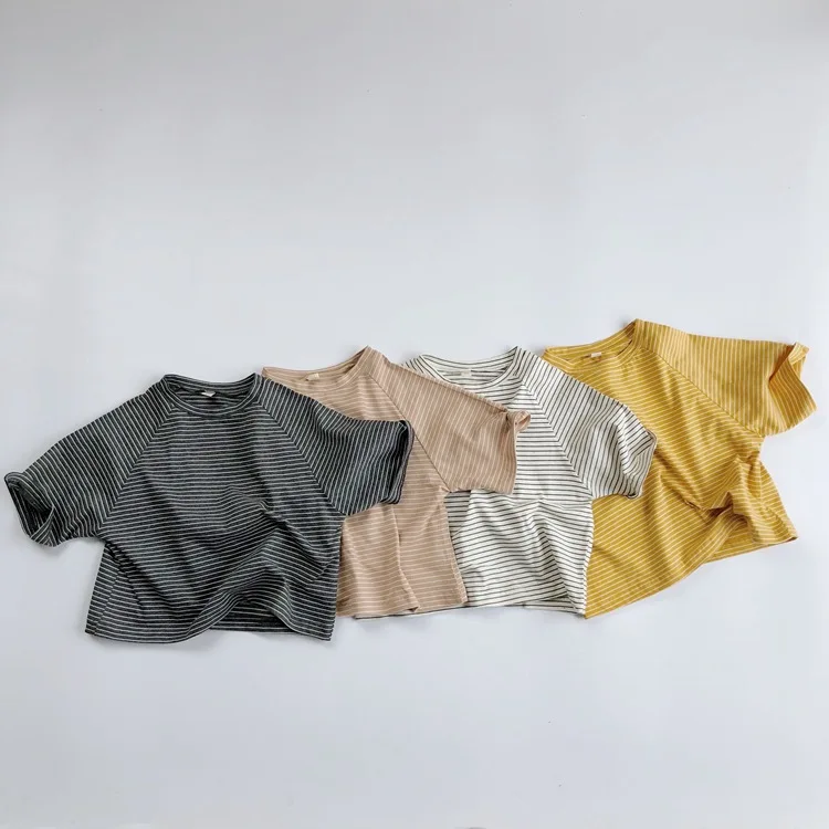 2025 Summer Children's Korean Striped T-shirt Short Sleeved Five Quarter Sleeve Thin Design for Boys Girls Round Neck Mid Sleeve