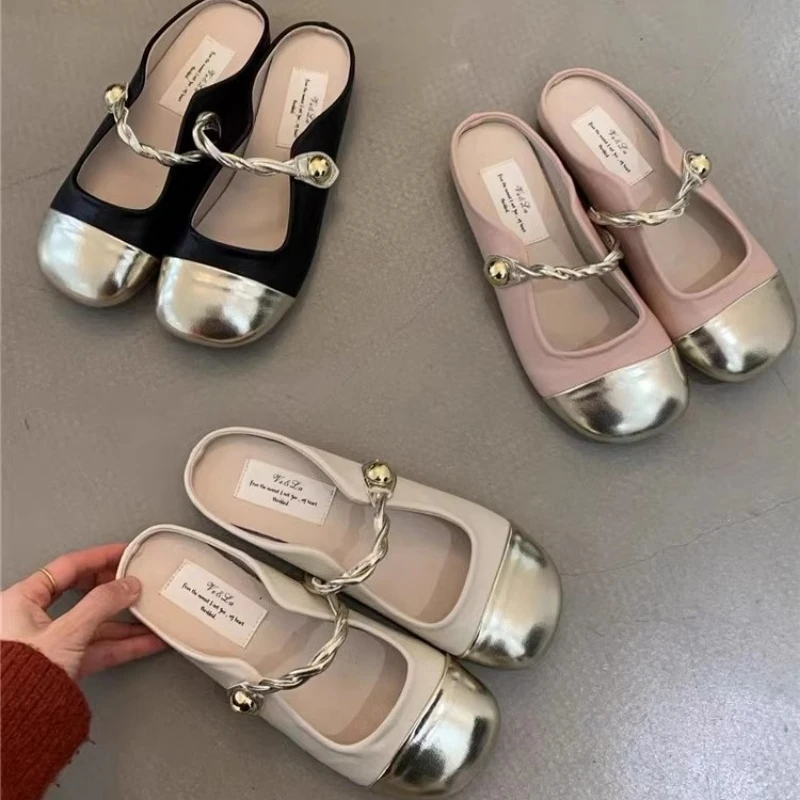 Women\'s Slippers Summer New Flat Bottom Round Head Metal Decorative Baotou Sandals Casual Fashion Comfortable Non-slip Slippers