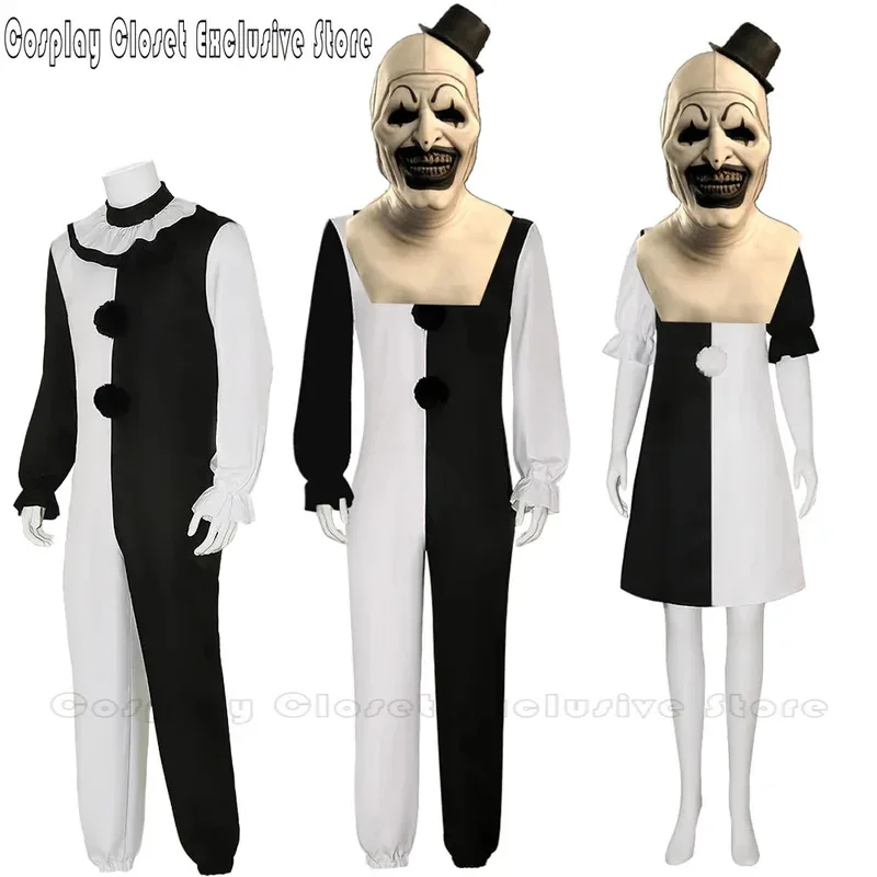 Body artístico de payaso para Halloween, disfraz de terrorífico, trajes con máscara, mono blanco y negro para mujeres y hombres, Partysx,5;d'2.y;8'