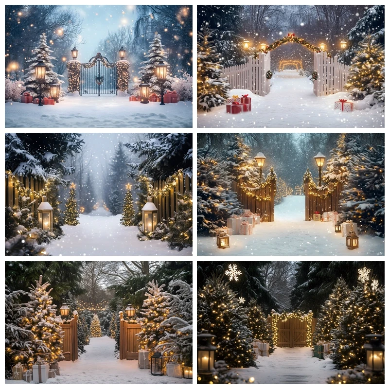 

Winter Snow Scene Christmas Party Backdrop Photography Xmas Tree Gift Baby Family Portrait Photographic Background Photo Studio