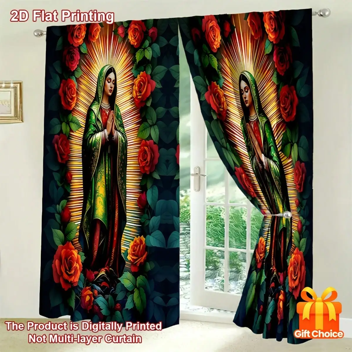 2pcs & Roses Curtains - Elegant Religious Window Drapes With Our Lady Of Guadalupe, Dark Background Floral Design In Red, Green