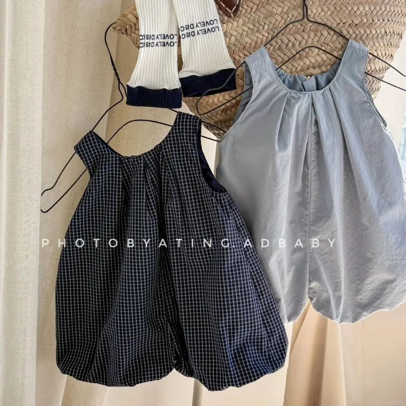 

2025 New Summer Children Plaid Lantern Jumpsuits Sleeveless Loose Korean Style Baby Girls Casual Bodysuits