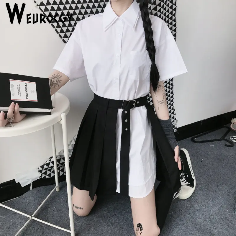 y2k Languid wind Casual Loose Trend Clothes Pure Cotton Women Spring Summer Double Collar Top Women\'s Skirt Pleated Personality