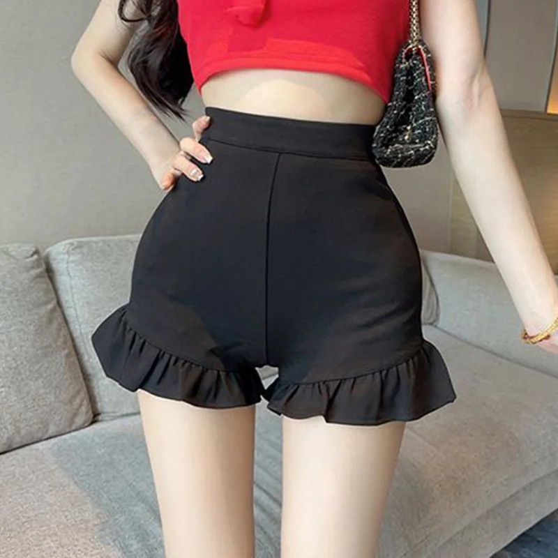 

Black Shorts Femme Fashion Patchwork Solid Color High Waist Flare Summer New All-match Sexy Slim Ruffles Pants Women Clothing