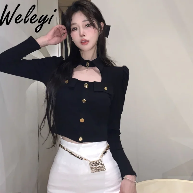 

Sexy Cutout Polo Collar Short Halter Tshirt Elegant Women's Autumn Clothing Graceful Slim-Fit T Top Black Inner Bottoming Shirts