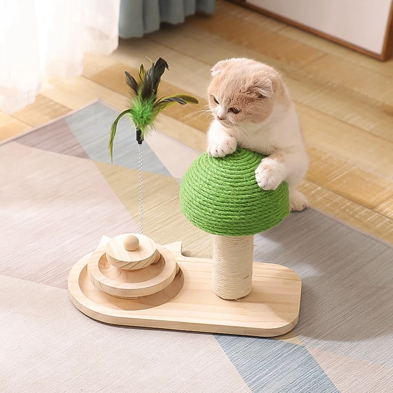 Sisal Ball Solid Wood Rotating Table For Cat Self-Entertainment Puzzle Durable Cat Stick Toy Training Cat Supplies 35X16x26cm