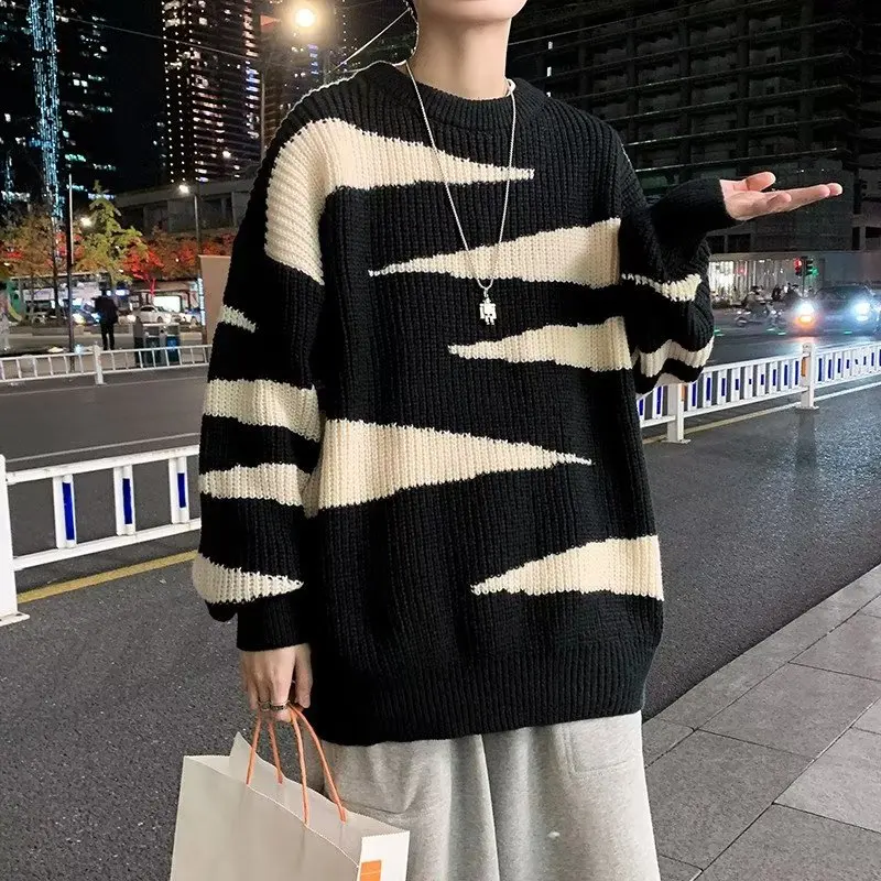 

Свободный крой, мужской трикотаж, повседневный свитер в полоску, верхняя часть, большой размер, внутренняя одежда для пар, удобная зимняя мода