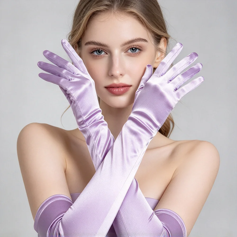 Women Soft Smooth Solid Stretch Satin Long Gloves Elegant Ceremonial Stage Performance Cosplay Multicolor Sexy Accessories