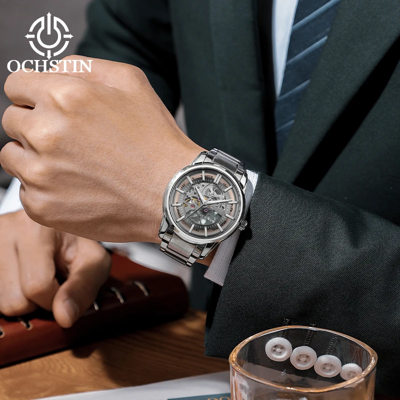 OCHSTIN Man High-quality Skeleton Mechanical Wristwatch Men's Genuine Leather Strap Waterproof Stable Operation Gentleman Clock
