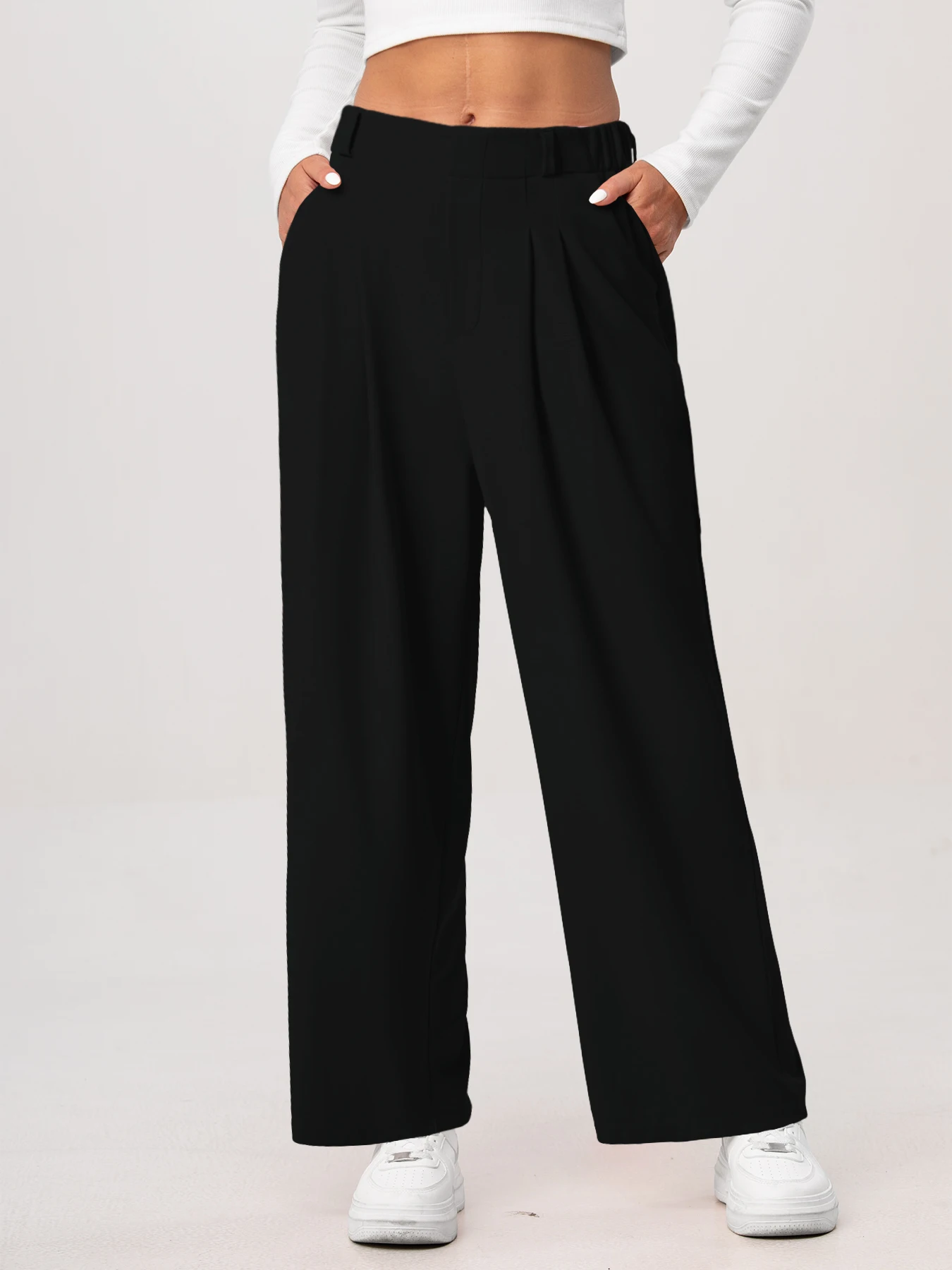 Damenhose, karierte, figurbetonte Hose mit weitem Bein und Taschen, hochtaillierte, lässige, figurbetonte Hose mit weitem Bein für Damen. – Detail 26