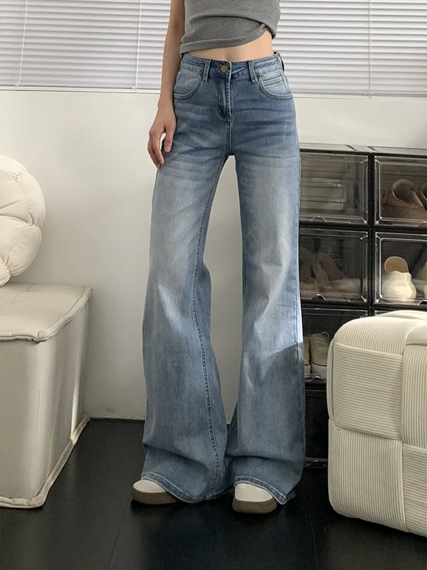 레트로 아메리칸 라이트 웨이 벨봇 청바지 여성용 루즈 스트레이트 레그 와이드 레그 팬츠 가을 신상 슬레 로우 웨이스트 청바지