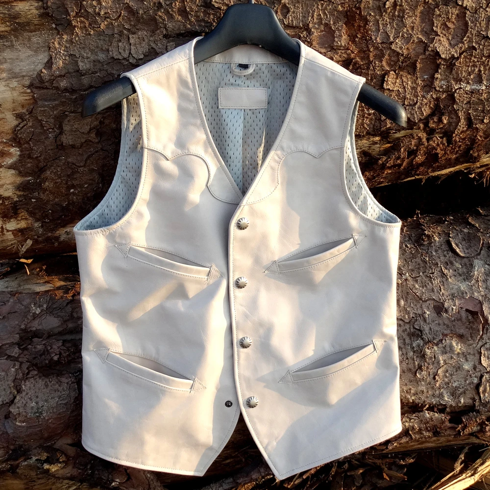 

Real Leather Mans Calfskin Vest Coat Summer White Light Dress Suit Waistcoat Holiday Outerwear Top Tank Weskit Cowhide Japanese