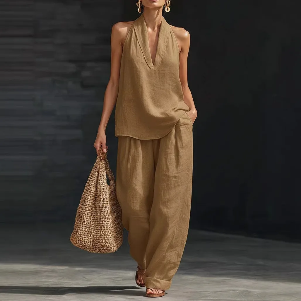 Hosenanzug für Damen: Neckholder-Top mit V-Ausschnitt, ärmellos, weite Hosen, 2-teiliges Set, Büro-Outfit, Sommer 2026 Ensemble