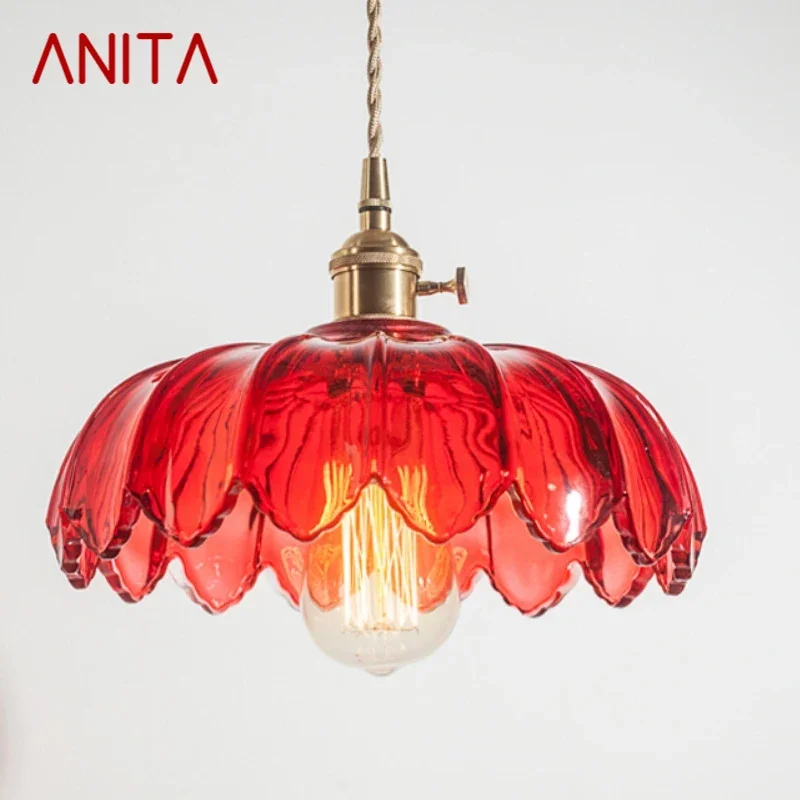 

ANITA ANITA Nordic Brass Pendent lamp Modern Bedroom Bedside lamp Color Glass LED Restaurant Bar Aisle Chandelier