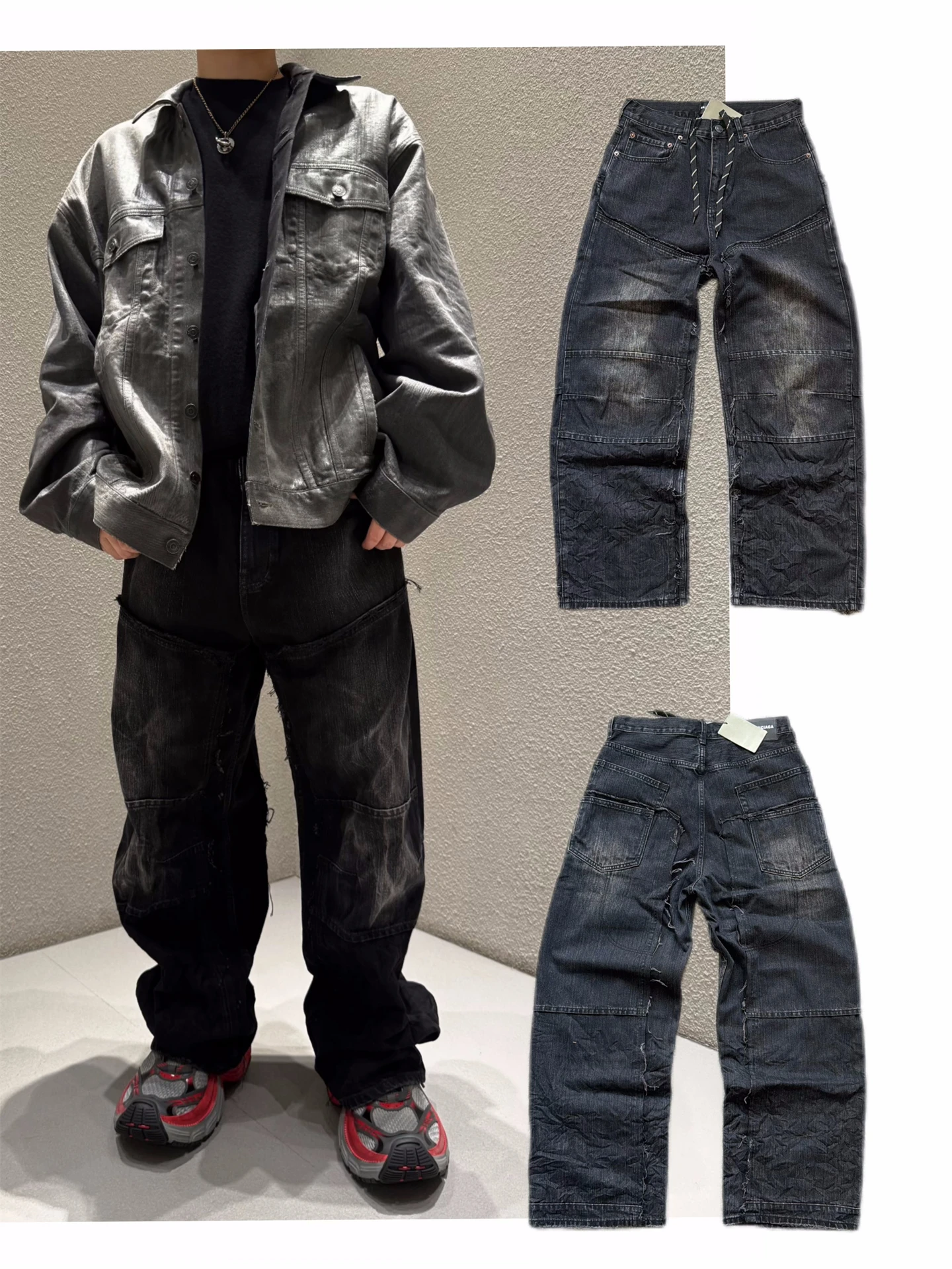 BLCG FW25 Heavyweight Men's Straight Leg Jeans Washed out Woodcut Splicing Trendy Casual Cotton Denim Trousers
