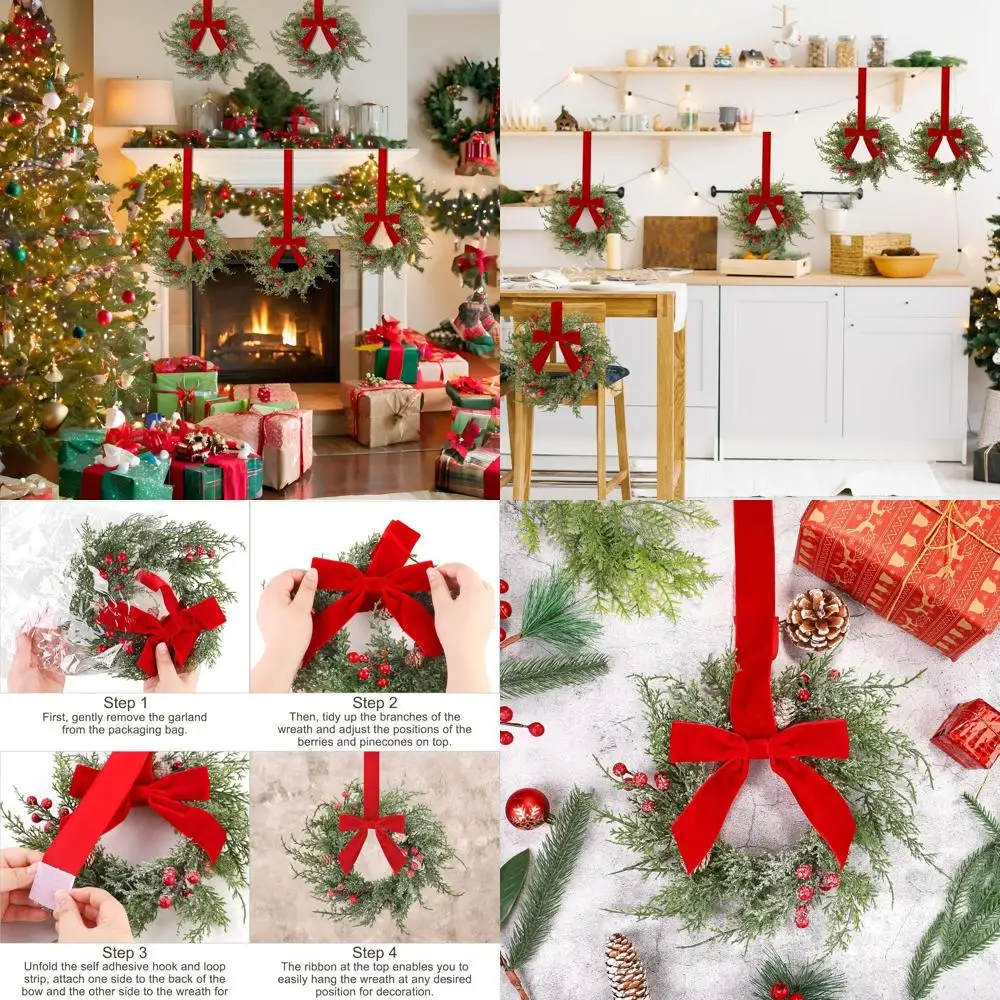 

Set of 12 Mini 9.8 Christmas Norfolk Wreaths with Red Bows for Holiday Home Decor