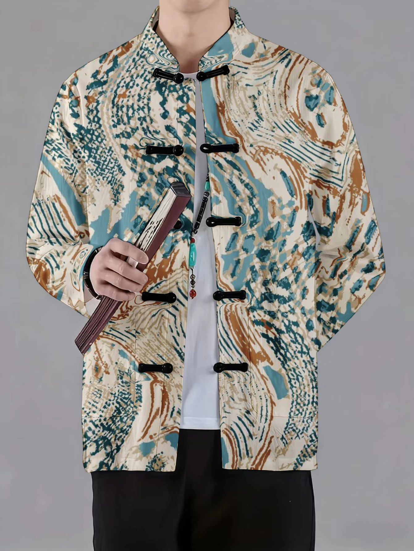 Men Mandarin Collar Frog Button Jacket Stripe Geometric Abstract Palm Leaf Art Print Traditional Outerwear - view 5