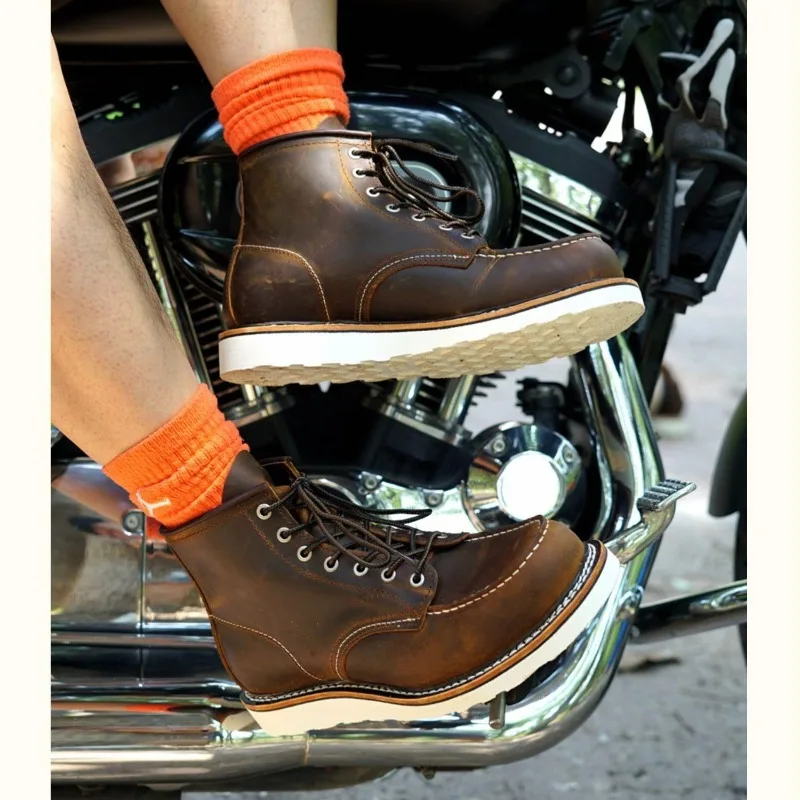 Vintage Brown Split Leather Motorcycle Boots Mens Work High Top Lake-Up Round Toe Boots Outdoor Casual Thick Bottom Ankle Shoes