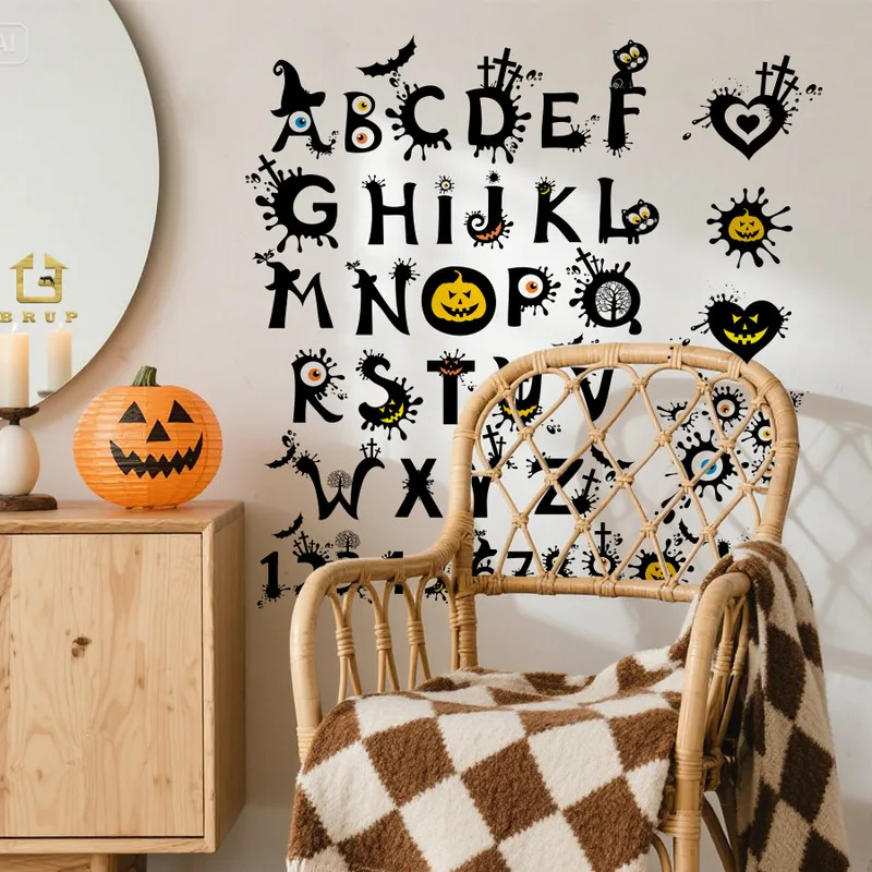 Halloween Blood Dripping Letters Numbers Wall Sticker, Pumpkin Eyeball Witch Hat Bat Self Adhesive Home Decor Decal
