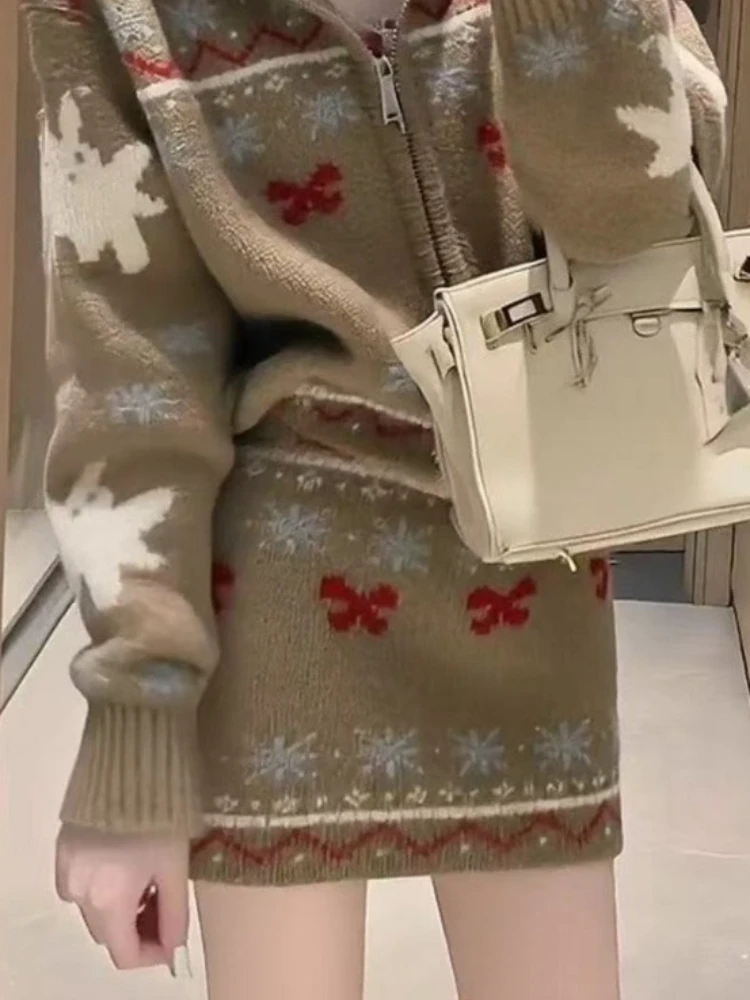 فرنسا نمط خمر منقوشة مقنعين مجموعات المرأة موضة سترة متماسكة + الحلو ألف خط تنورة دعوى عادية قطعتين مجموعة شتاء جديد #6