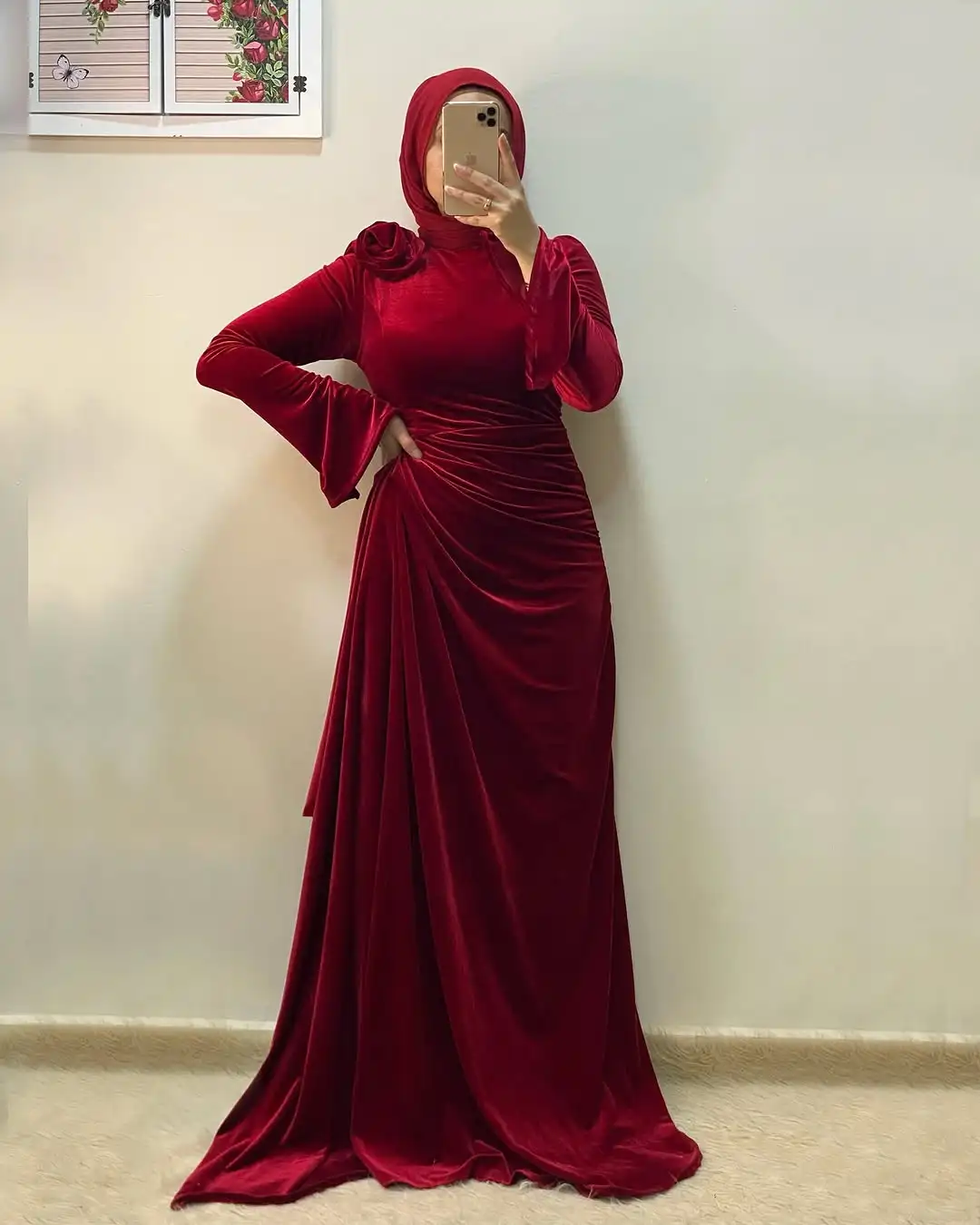 MD Elegant Rose Red Velvet Evening Dresses O-Neck Dubai Arabic Women Long Sleeve  Prom Gowns Vestidos De Fiesta Customized 2025