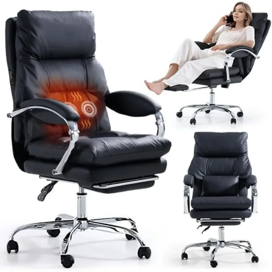 Massage Office Chair with Feet Rest for Home Office Use, PU Leather, Black, Heated Seat and Backrest with 3-Level Heat Control