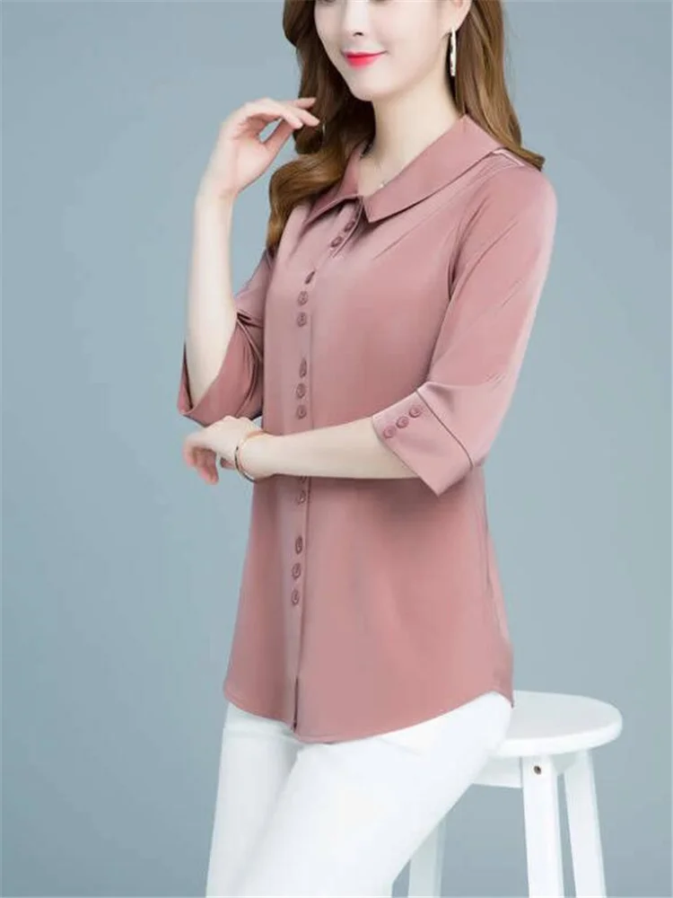 

Mid-sleeve Cover Belly Blouses Women Chiffon Shirt Lapel Button Half Sleeve Summer Lady Blouses Solid Color Basics Women's Shirt